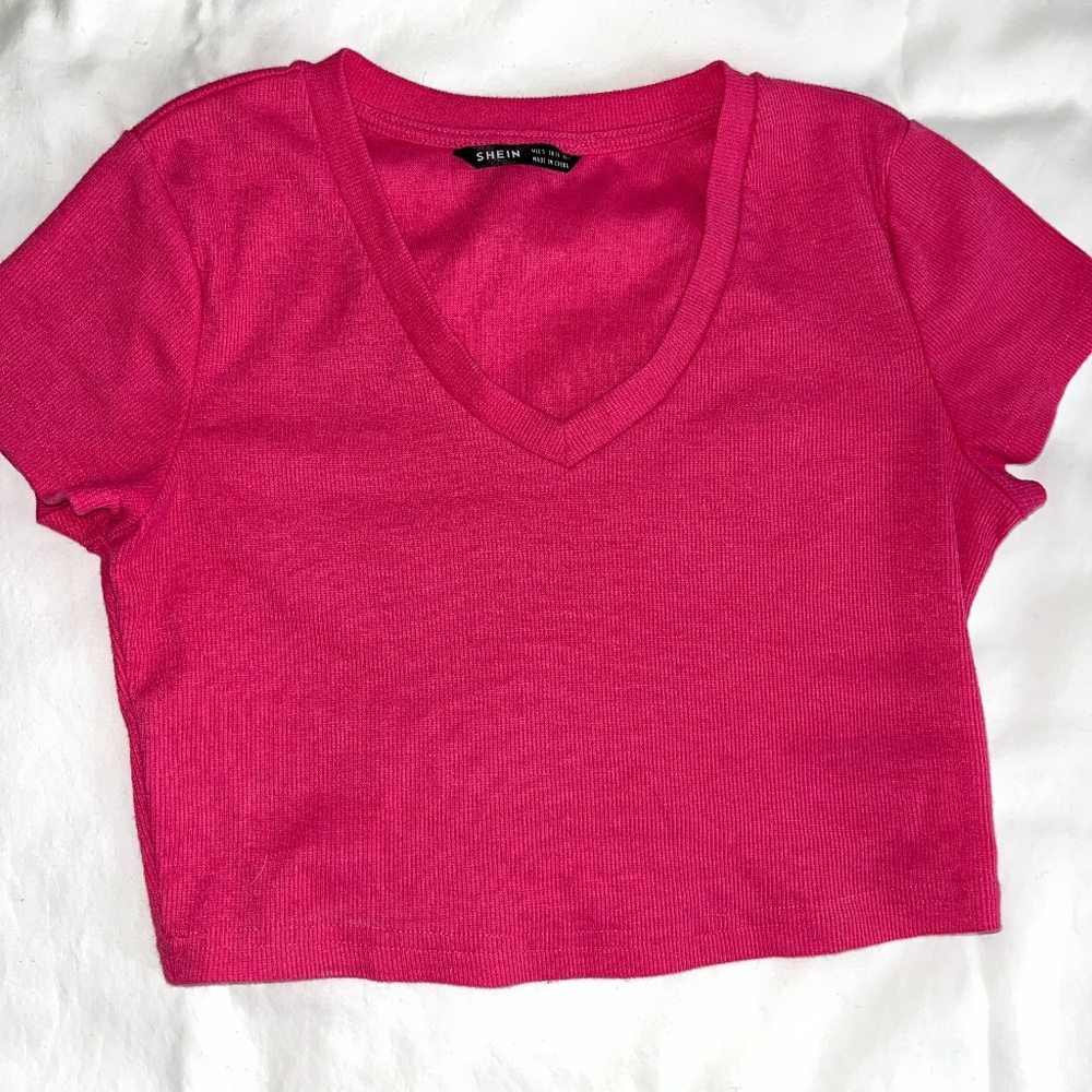 SHEIN hot pink cropped v-neck shirt